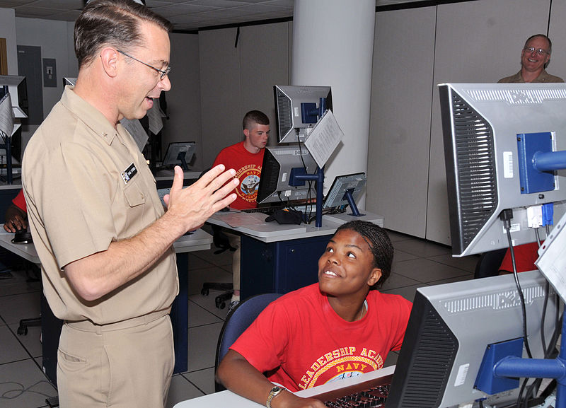 File:US Navy 110622-N-IK959-076 Rear Adm. David F. Steindl talks to a Navy JROTC cadet ensign during the 2011 NJROTC Leadership Academy.jpg