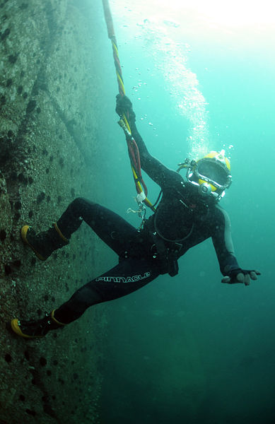 File:US Navy 110629-N-XD935-163 Navy Diver 3rd Class Bryan Myers climbs to the surface along the pier wall after conducting diving operations.jpg
