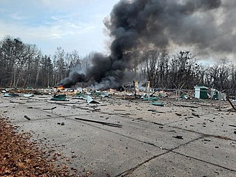 Ukrainian Border Guard post in Kyiv Oblast shelled by Russian missiles in the first day of the Russian invasion of Ukraine, 24 February 2022.