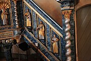 English: Detail of the pulpit in Ulricehamn church, Ulricehamn, Sweden. The pulpit was made in 1717 by Hans Christoffer Datan.