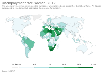 Unemployment rate in women in 2017 Unemployment rate, women, OWID.svg