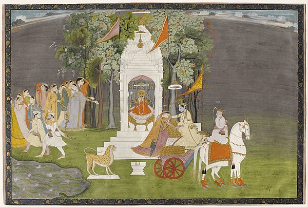 19th-century painting depicting Rukmini eloping with Krishna from a temple of Ambika (Parvati).