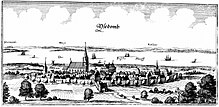 Das Haff im Hintergrund der Ansicht von Usedom (Merian 1652)