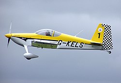 A Van's Aircraft RV-7 displaying registration G-KELS. The G prefix denotes a civil aircraft registered in the United Kingdom. Vans.rv-7.g-kels.arp.jpg