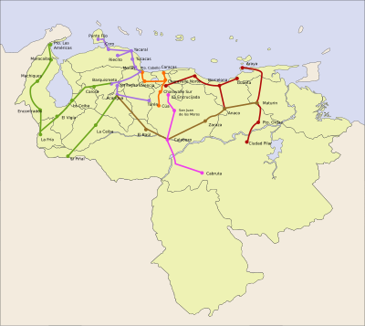 Venezuela railways: planned mainly unbuilt sections of the railway network before 1999 Venezuela railways.svg