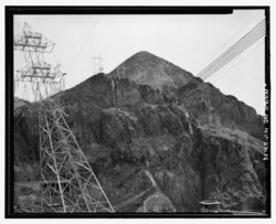 View of Sugarloaf Mountain with Nevada Rim Tower and cable lines in foreground, view east - Hoover Dam, Spanning Colorado River at Route 93, Boulder City, Clark County, NV HAER NV-27-19.tif