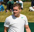 Vincent Millot competing in the first round of the 2015 Wimbledon Qualifying Tournament at the Bank of England Sports Grounds in Roehampton, England. The winners of three rounds of competition qualify for the main draw of Wimbledon the following week.
