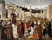Vittore Carpaccio dans la prédication de saint Stéphane s’inspirant de la Ville d’Ancône telle qu’en 1514 pour sa représentation de Jérusalem