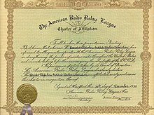 Charter of affiliation of the Wireless Association with the ARRL (1920). W1YK ARRL Charter.jpeg