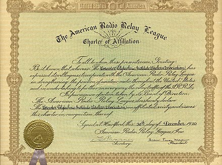 Charter of affiliation of the Wireless Association with the ARRL (1920).