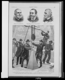 P. H. McLaughlin setting the aluminum apex with Thomas Lincoln Casey (hands up) Washington Monument - Setting the capstone - Harper's Weekly.png