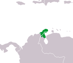 Område i grönt på Guajirahalvön som bebos av Wayuu.