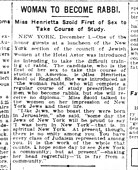 1904 article reporting Henrietta Szold's intention to pursue rabbinical studies without ordination (The Indianapolis News, 1 Dec 1904)