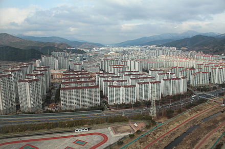 Typical Korean style apartment blocks await you