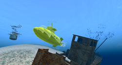 A screenshot from Second Life, a 2003 online virtual world which renders frames in real-time Yellow Submarine Second Life.png