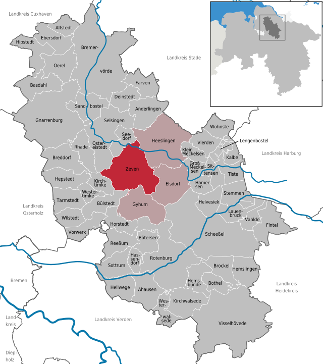 Läget för staden Zeven i Landkreis Rotenburg