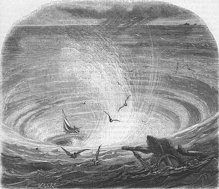 An illustration from Jules Verne's essay "Edgard Poë et ses oeuvres" (Edgar Poe and his Works, 1862) drawn by Frederic Lix or Yan' Dargent.