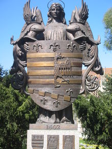 Statue of Košice's coat of arms, the first municipal coat of arms in Europe