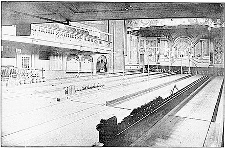 Palace Bowling Alleys in the Music Hall in Pawtucket, Rhode Island, circa 1895.[30] Note the different-sized bowling balls.