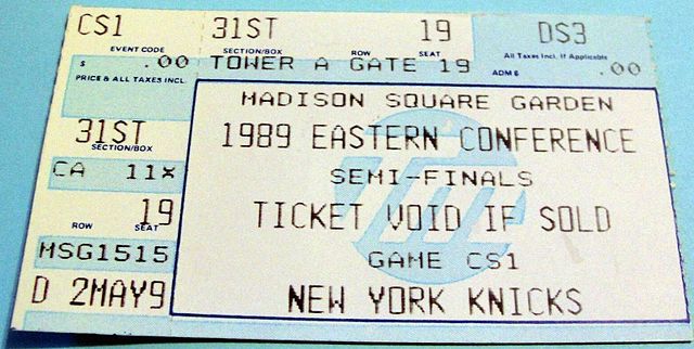 A ticket for Game 1 of the 1989 Eastern Conference Semifinals between the New York Knicks and the Chicago Bulls.