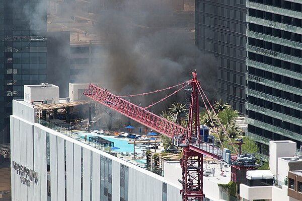 The fire 20 minutes after it was reported, seen from the rooftop terrace of Marriott's Grand Chateau.