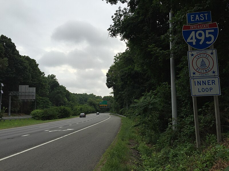 File:2016-07-04 07 48 22 Sign for Interstate 495 and the Capital Beltway along the eastbound inner loop of the Capital Beltway (Interstate 495) east of Exit 36 (Maryland State Route 187) in Bethesda, Montgomery County, Maryland.jpg