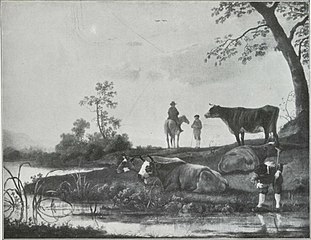 Four Cows by a River with Herdsmen and a Horseman
