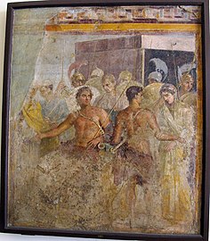 Affresco romano antico, Achille è costretto a cedere Briseide ad Agamennone, Museo Archeologico (Napoli).