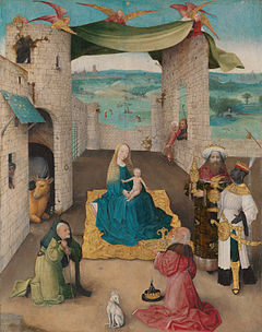 Menotti was inspired by the painting The Adoration of the Magi by Hieronymus Bosch. Adoration of the Magi Hieronymus Bosch autograph ca. 1470-75 (NY).jpg