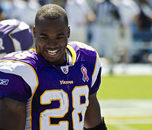 All-Pro running back Adrian Peterson was selected 7th overall by the Vikings in the 2007 NFL Draft, and played for the Vikings from 2007 to 2016. Adrian Peterson Vikings.jpg
