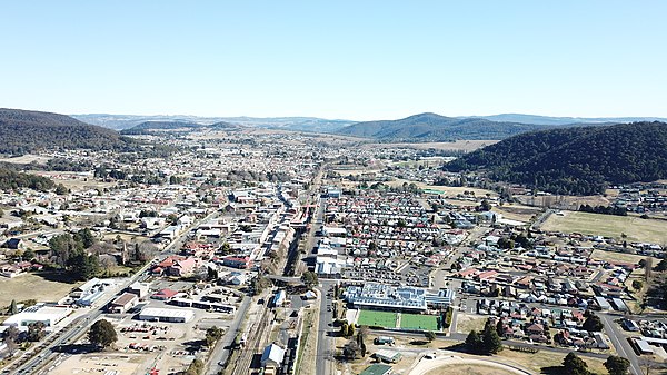 Aerial view of Lithgow in June 2018, looking west