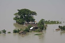 An aerial view of the flood affected village with people sitting on the roofs of houses Bihar An aerial view of the flood affected village where the people are sitting on the top of their houses in Bihar.jpg