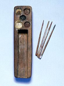 This ancient Egyptian scribe's palette is estimated to be from 1500-500 BCE. Ancient Egyptian Scribe's palette HARGM7677.jpg
