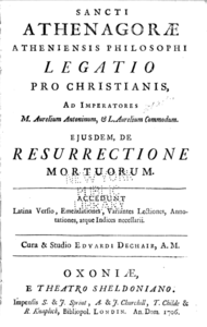Athenagoraan teosten Vetoomus kristittyjen puolesta ja Ylösnousemuksesta kansilehti vuoden 1706 painoksesta.