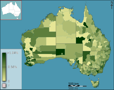 People with Welsh ancestry as a percentage of the population in Australia divided geographically by statistical local area, as of the 2011 census Australian Census 2011 demographic map - Australia by SLA - BCP field 1222 Welsh Total Responses.svg