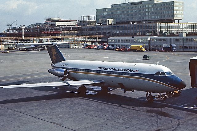 A BAC 1-11 with the main terminal building at Gatwick Airport in 1973