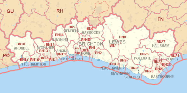 BN postcode area map, showing postcode districts, post towns and neighbouring postcode areas.