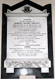 Memorial to the Cheney brothers, successive lords of the manor, on the south wall of the chancel of the parish church. Badger church - RH Cheney.jpg