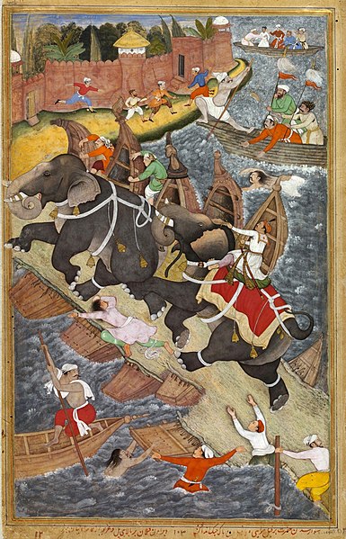 File:Basawan. Akbar Taming Mad Elephant Hawai. Composition by Basawan, coloring by Chitra. (left part) Akbarnama, ca. 1590, Victoria and Albert Museum, London.jpg