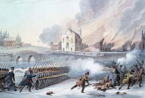 Colborne's troops attack the insurgents and torch the church at the Battle of Saint-Eustache