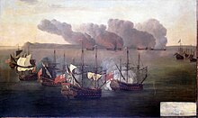 Beach and Van Ghent destroy six Barbary ships near Cape Spartel, Morocco, 17 August 1670. Beach and Van Ghent destroy six Barbary ships near Cape Spartel, Morocco, 17 August 1670 RMG BHC0298.jpg
