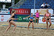 Deutsch: Beachhandball Europameisterschaften 2019 (Beach handball Euro); Tag 5: 6. Juli 2019 – Frauen, Platzierungsspiel für die Ränge 17–20, Nordmazedonien-Slowenien 0:2 (10:13, 9:15) English: Beach handball Euro; Day 5: 6 July 2019 – Placement Match/Cross Match for rank 17–20 Women – North Macedonia-Slovenia 0:2 (10:13, 9:15)