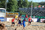 Deutsch: Beachhandball Europameisterschaften 2019 (Beach handball Euro); Tag 1: 2. Juli 2019 – Männer, Vorrunde Gruppe D, Frankreich-Montenegro 2:0 (19:7, 18:9) English: Beach handball Euro; Day 1: 2 July 2019 – Men Preliminary Round Group D – France-Montenegro 2:0 (19:7, 18:9)