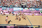 Deutsch: Beachhandball bei den Olympischen Jugendspielen 2018; Tag 3, 9. Oktober 2018; Jungs, Vorrunde, Gruppe B - Argentinien-Hongkong 2:0 English: Beach handball at the 2018 Summer Youth Olympics at 9 October 2018 – Girls Preliminary Round Group B – Argentina-Hing Kong 2:0