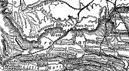 Nelspoort relative to Beaufort West in the Great Karoo. Map from 1911. Beaufort West Map - Cape Colony 1911.PNG