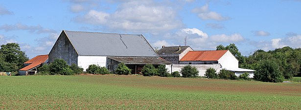 La ferme vue depuis le boulevard de Lauzelle : la grange, le corps de logis et les écuries.