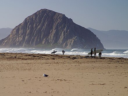 Surfers in front of Morro Rock