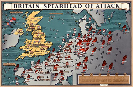 "Britain: Spearhead of Attack": propaganda poster showing how the branches of the economy (food, shipbuilding, power generation, coal, weapon manufacturing) coordinate to facilitate the Western Allied invasion of Germany.