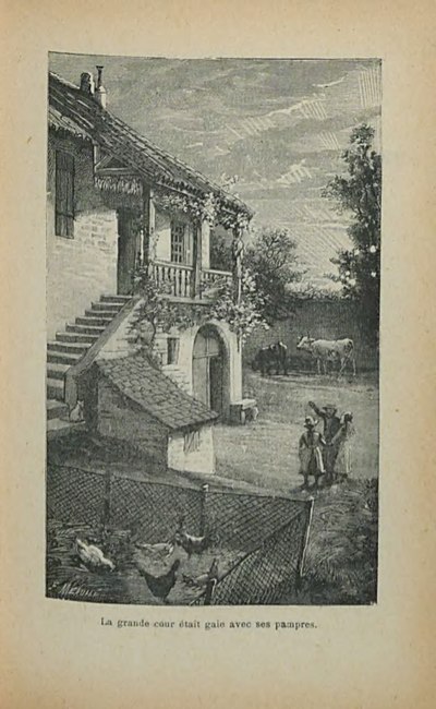 Une belle maison en pierre et tuiles avec au fond deux vaches et devant trois personnes dont l‘une montre de la main la maison.