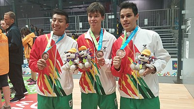 Bolivia's Racquetball Men's team at the 2015 Pan American Games (Conrrado Moscoso, Carlos Keller, Roland Keller) Bolivia Racquetball Men's team 2015 Pan American Games.jpg